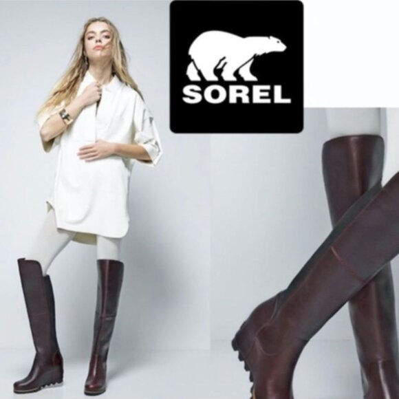 Sorel Fiona OTK Lux Rich Wine Leather Waterproof Boot Wedge Size 8 - Picture 1 of 16